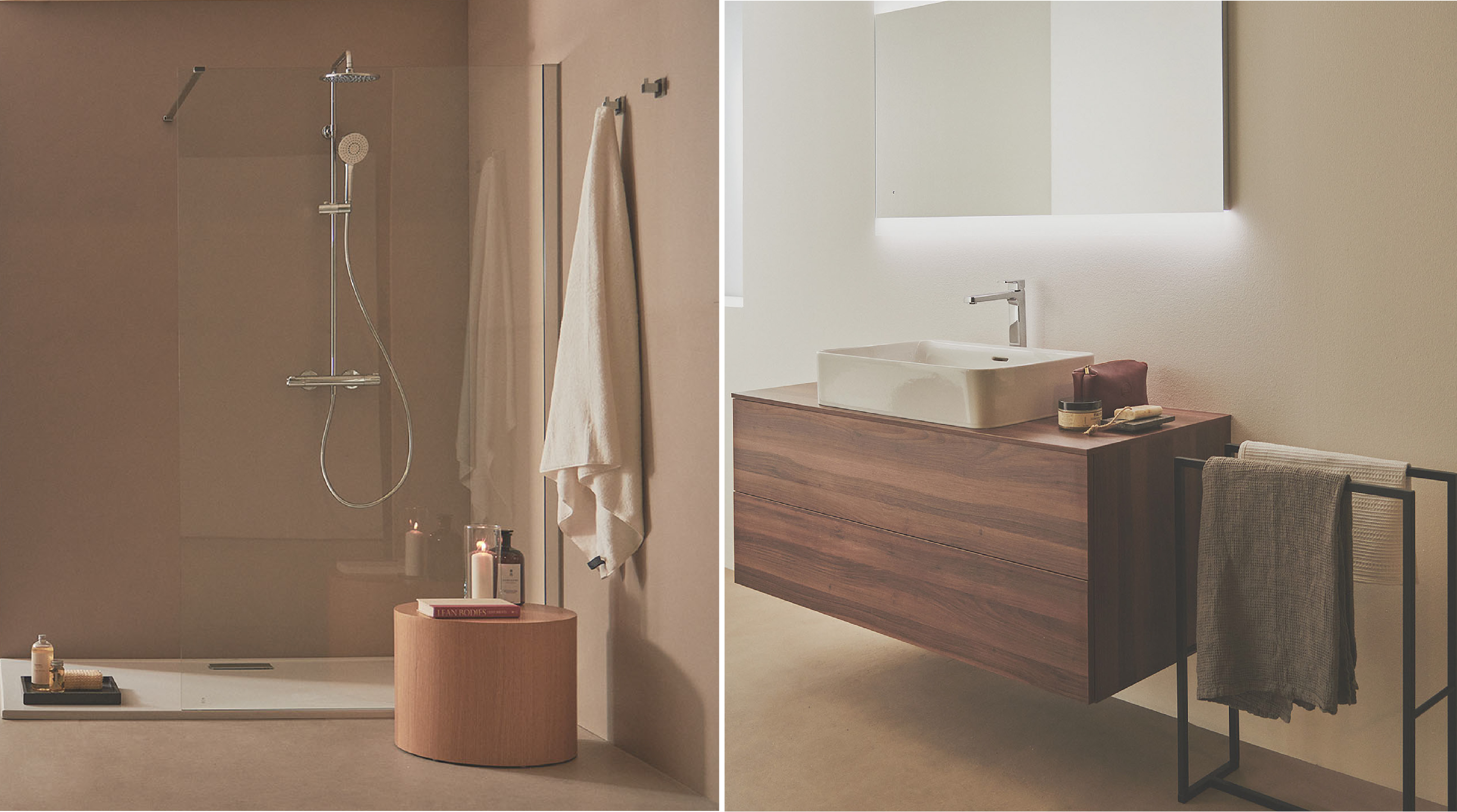 Warme badkamer met hout en natuurlijke kleuren