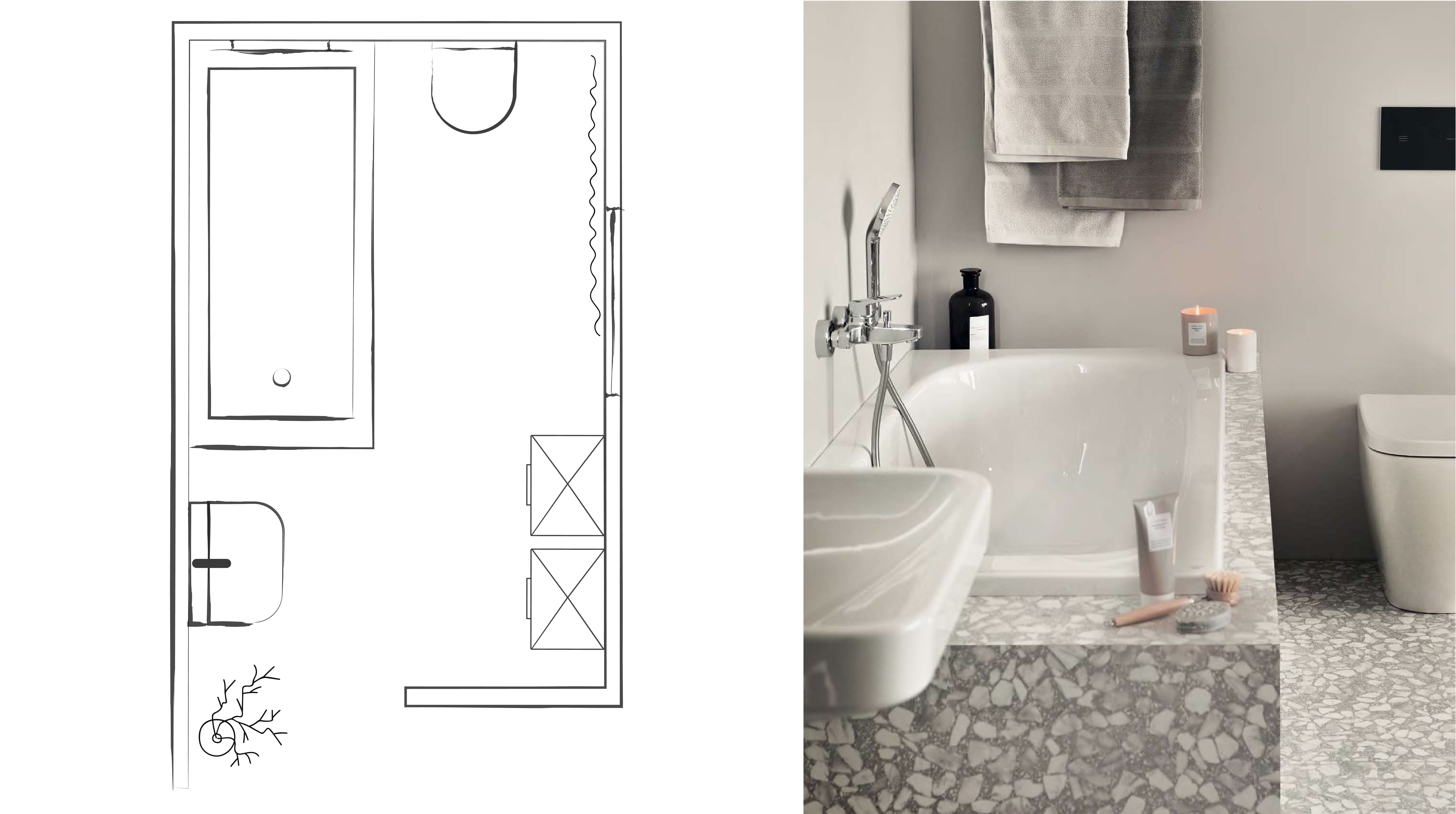 Plan van een kleine badkamer met bad, toilet, lavabo en  kolomkasten